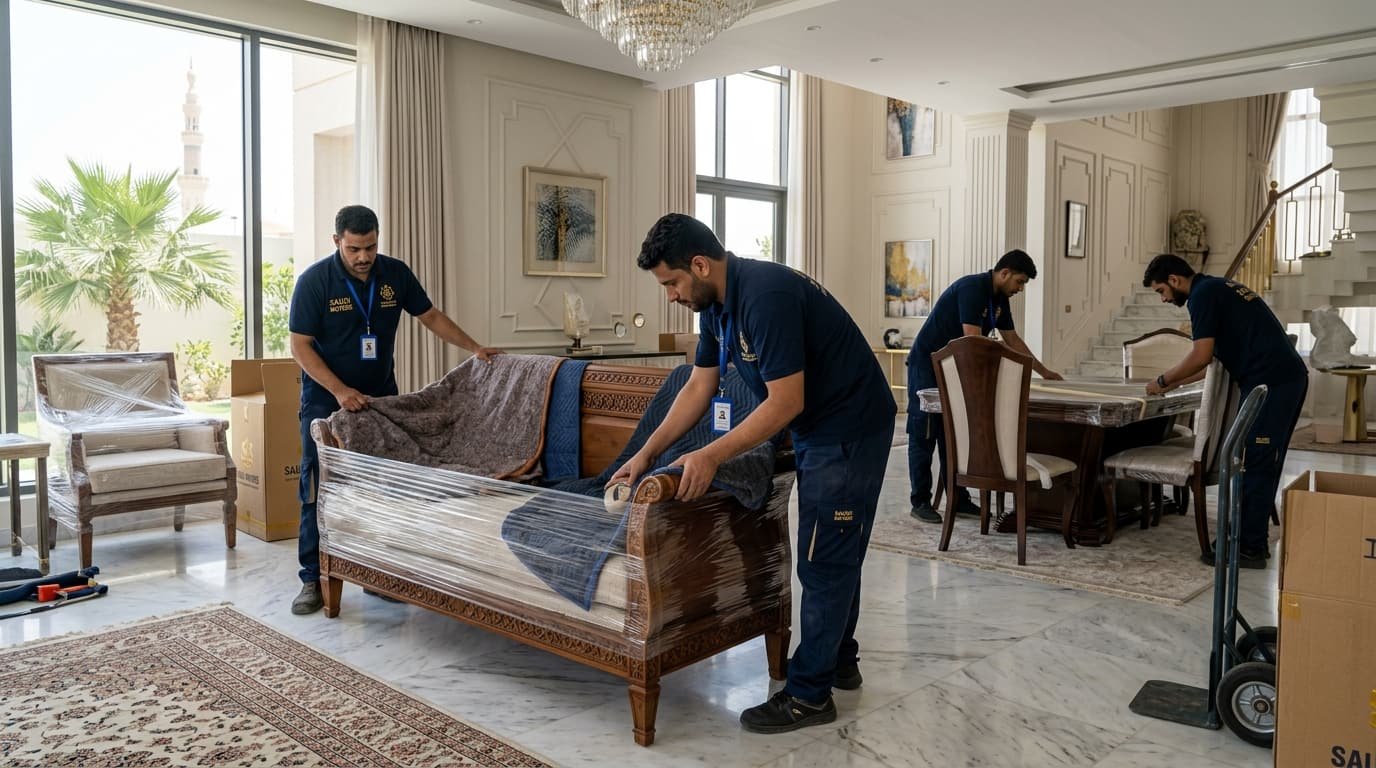 فريق صقور الأمان يحمّل أثاث منزل مغلف أثناء النقل في حي البساتين بجدة